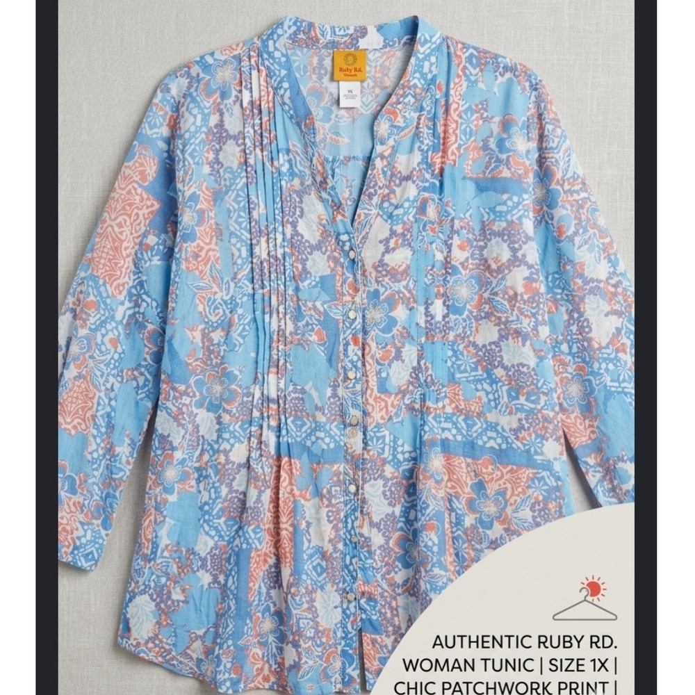 Ruby Rd Woman Blue Patchwork Floral Pleated Button Front Tunic Blouse 1X